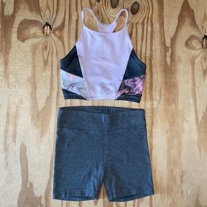 Justice sports bra size 26 (6/7) and bike shorts with 2” inseam size 6/7.